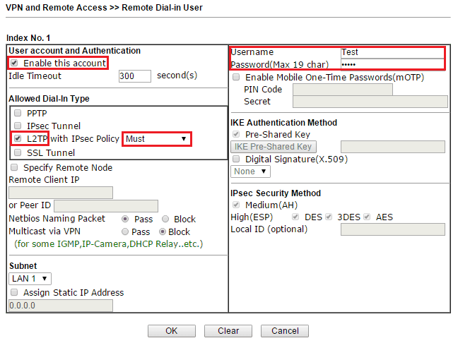 a screenshot of Remote Dial-In user profile on DrayOS
